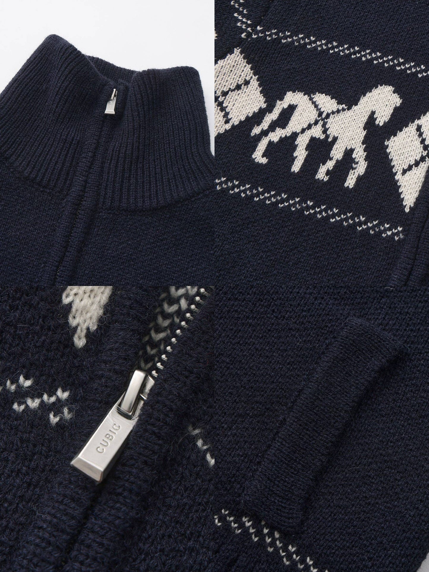 Horse Pattern Diamond Zip-Up Knit Cardigan