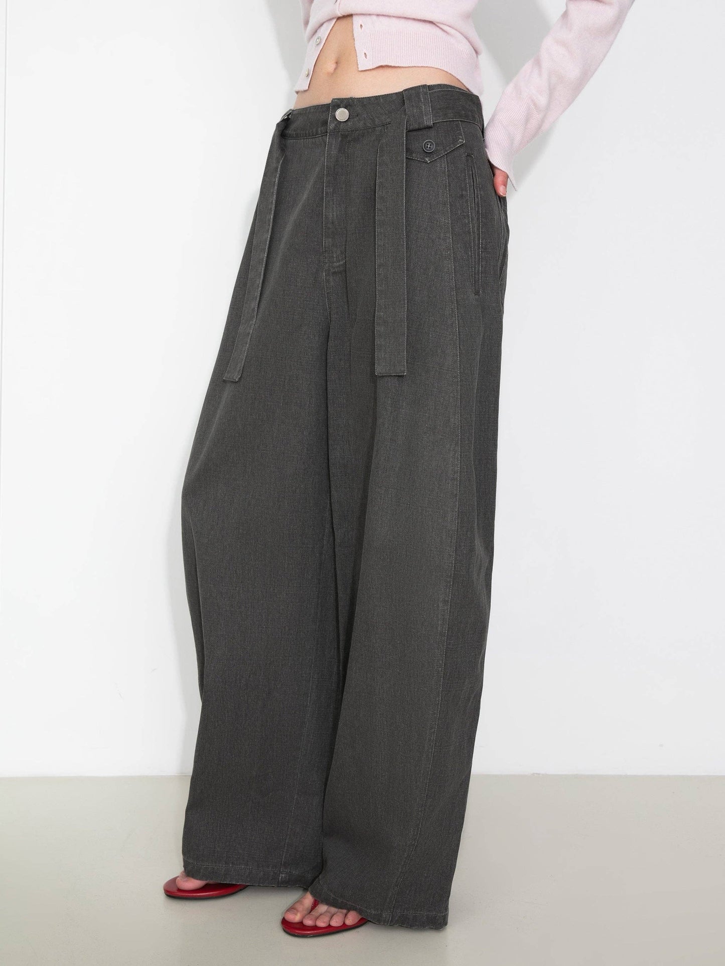Sofia Wide Belted Tapered-Leg Denim Trousers