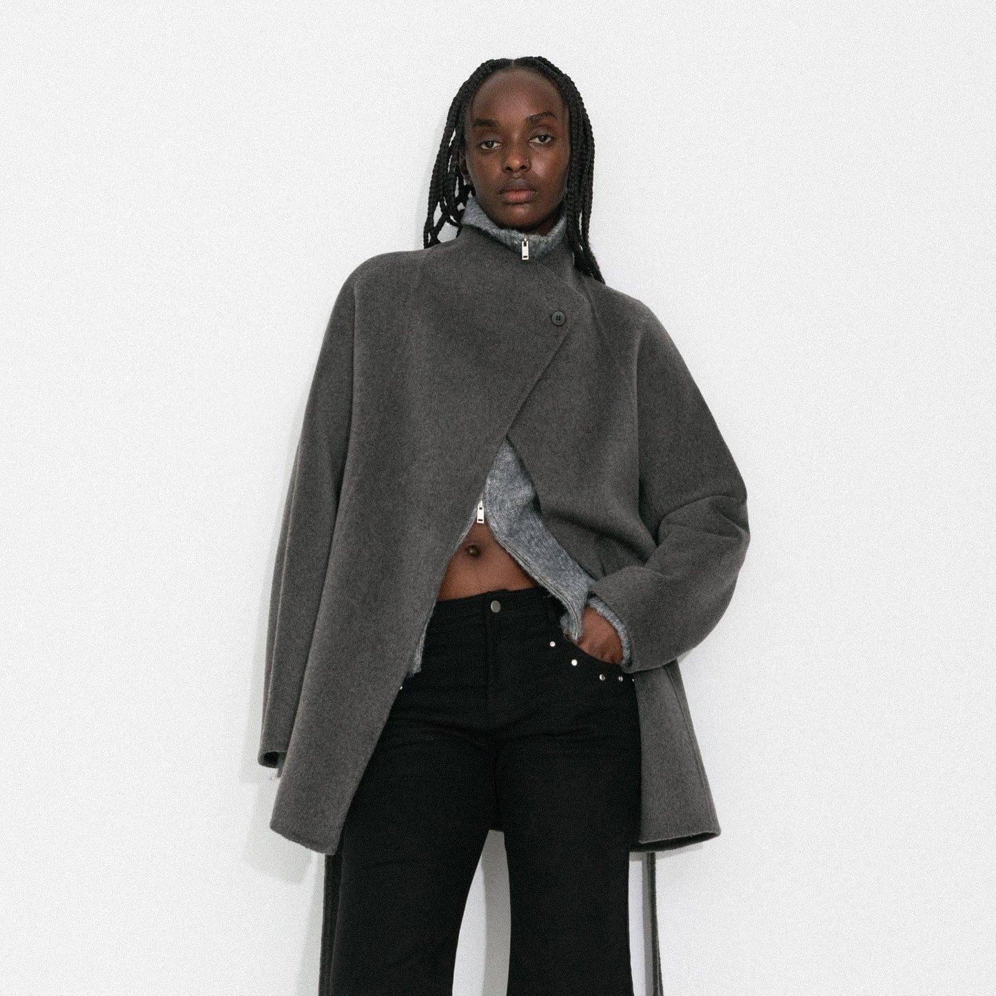 Loose-Fit Wool-Blend Stand-Collar A-Line Coat