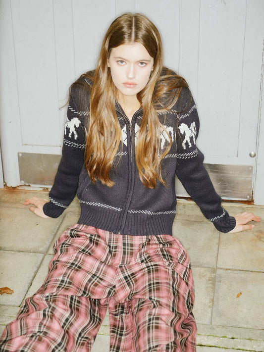 Horse Pattern Diamond Zip-Up Knit Cardigan
