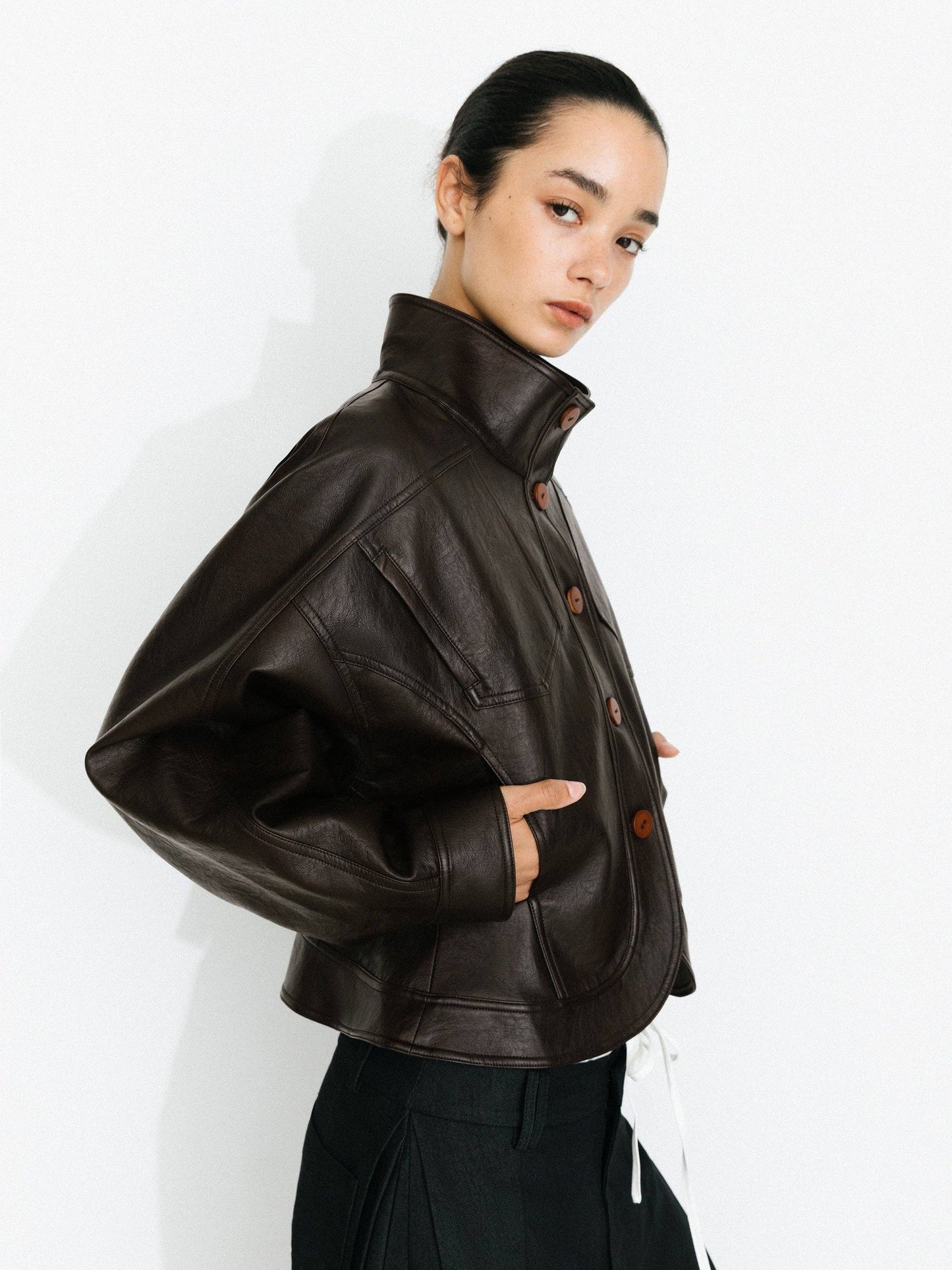 Curved Sleeve Faux Leather Jacket