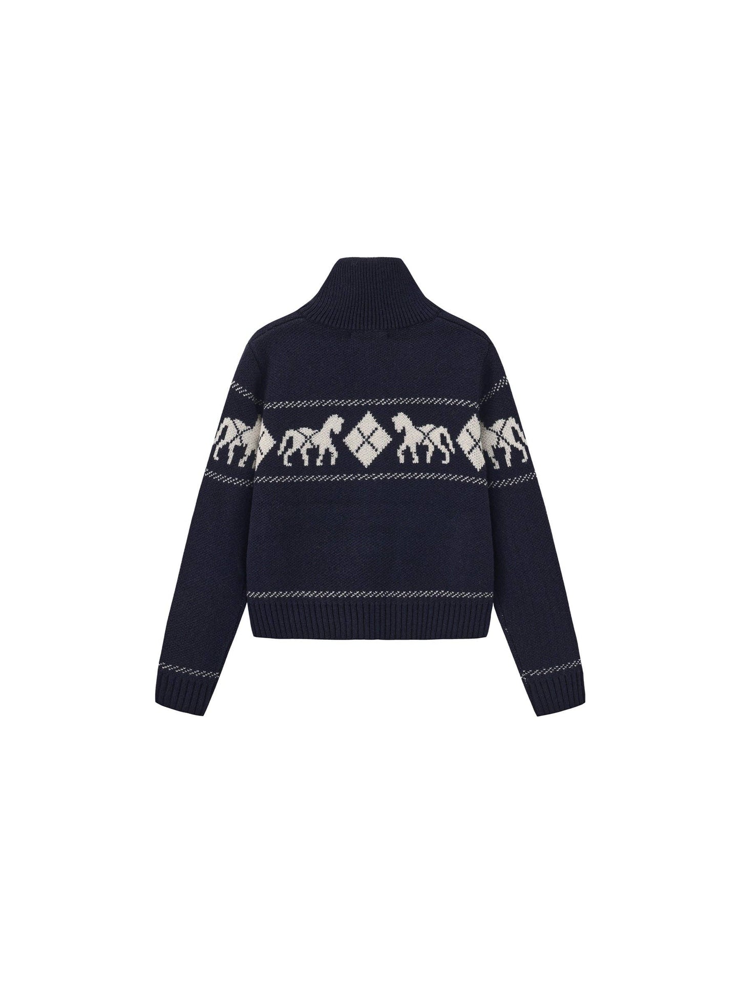 Horse Pattern Diamond Zip-Up Knit Cardigan