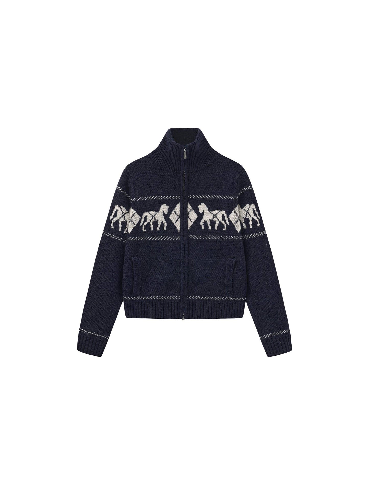 Horse Pattern Diamond Zip-Up Knit Cardigan