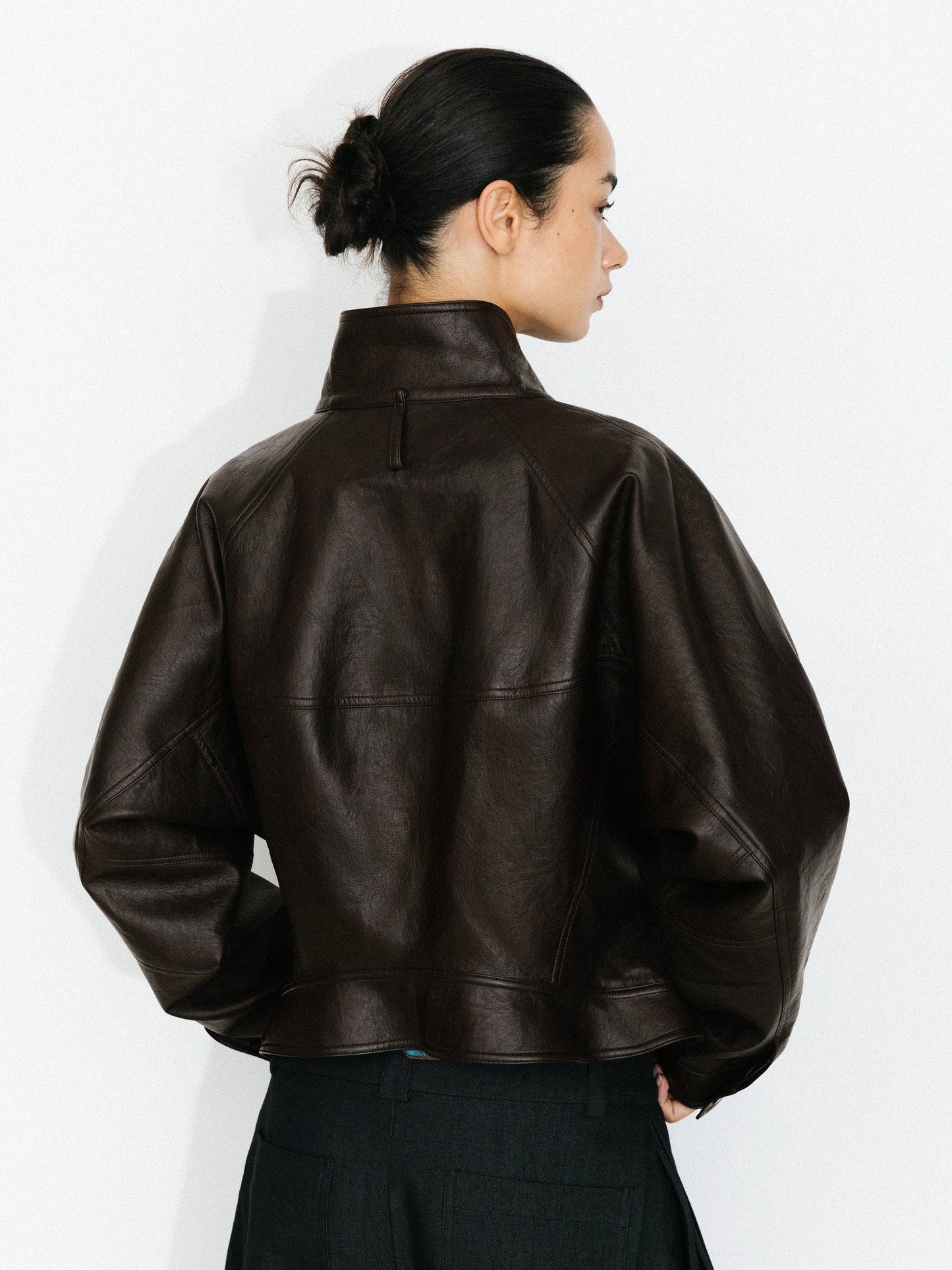 Curved Sleeve Faux Leather Jacket