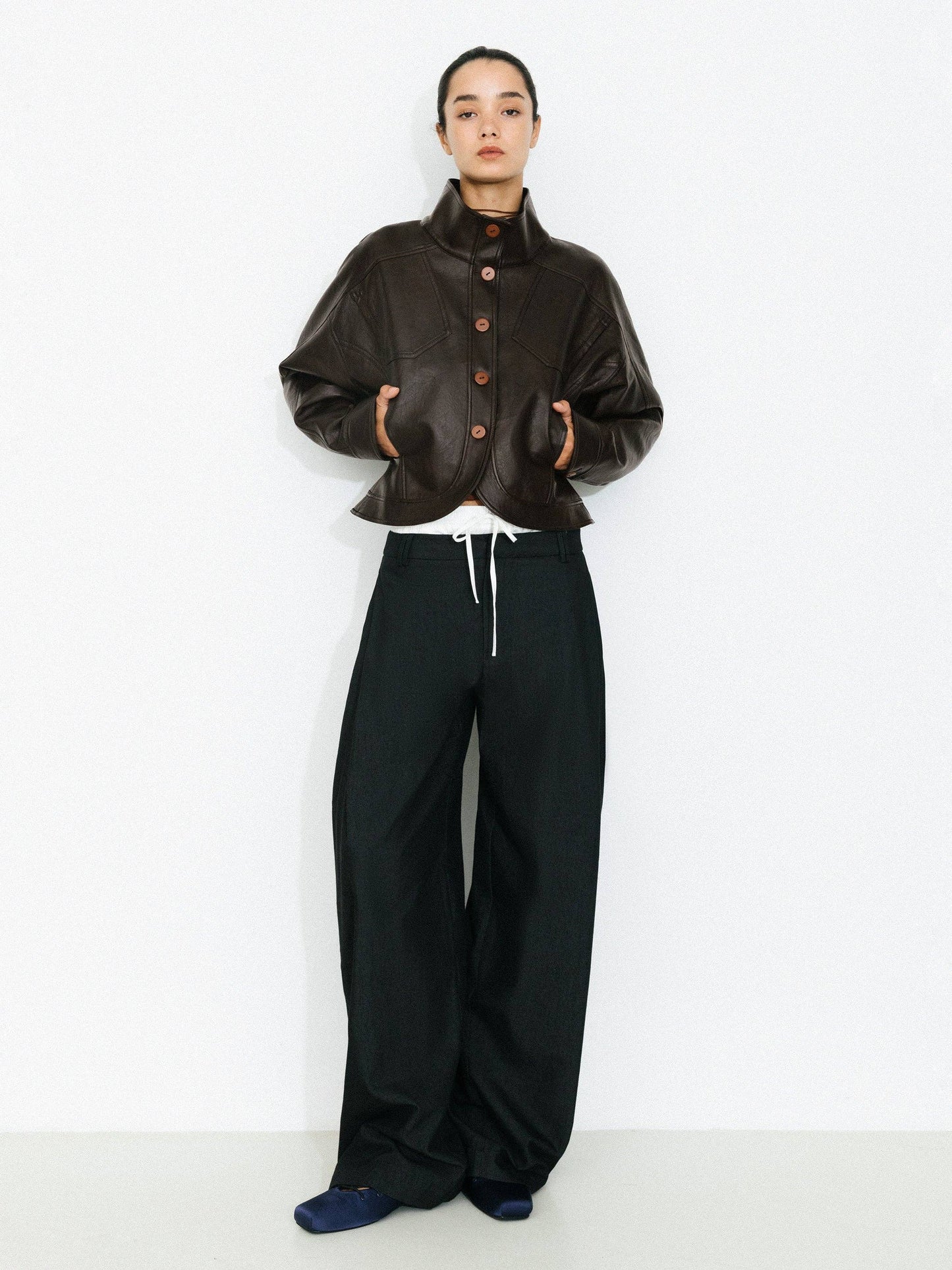 Curved Sleeve Faux Leather Jacket