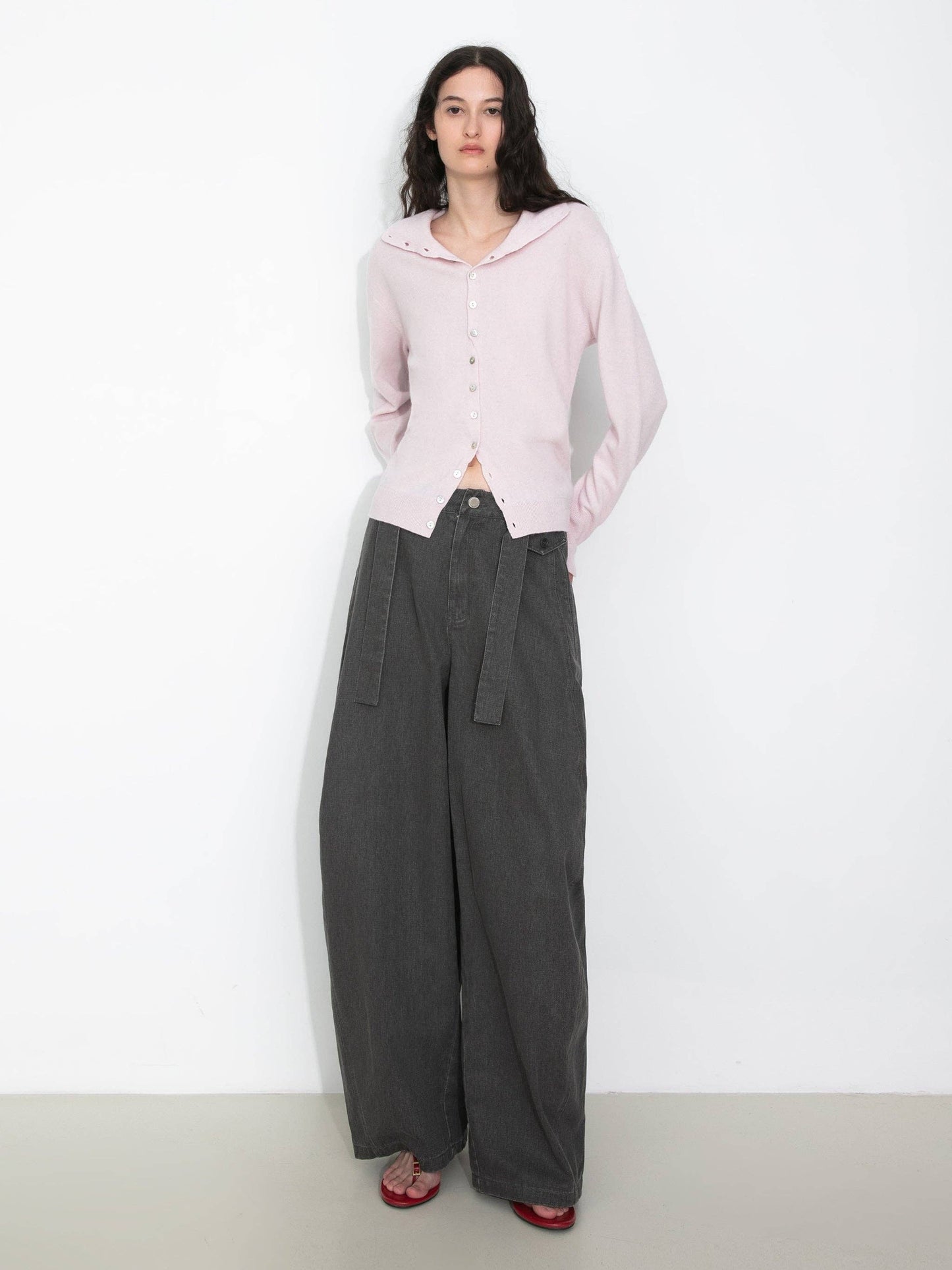 Sofia Wide Belted Tapered-Leg Denim Trousers