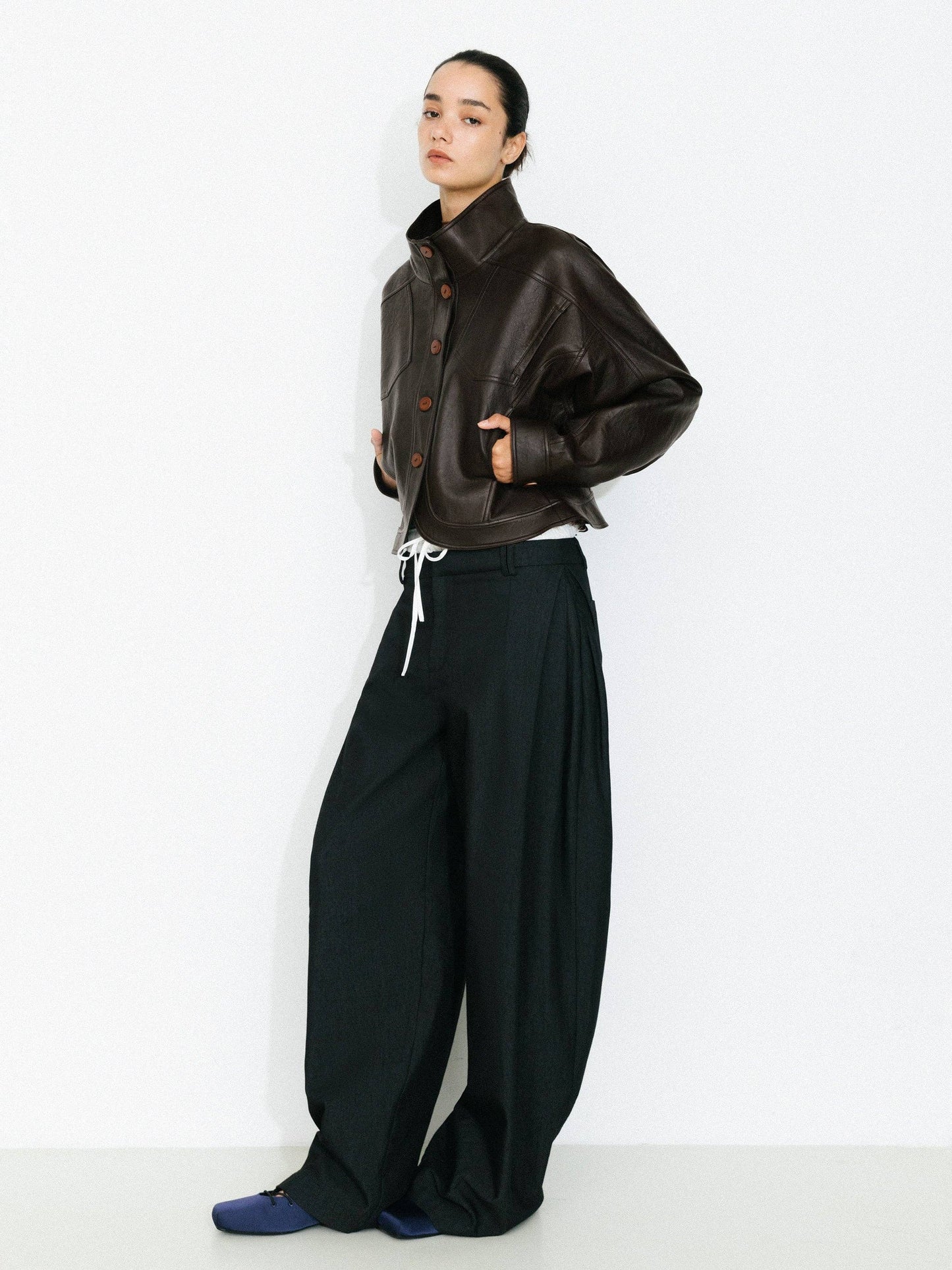 Curved Sleeve Faux Leather Jacket