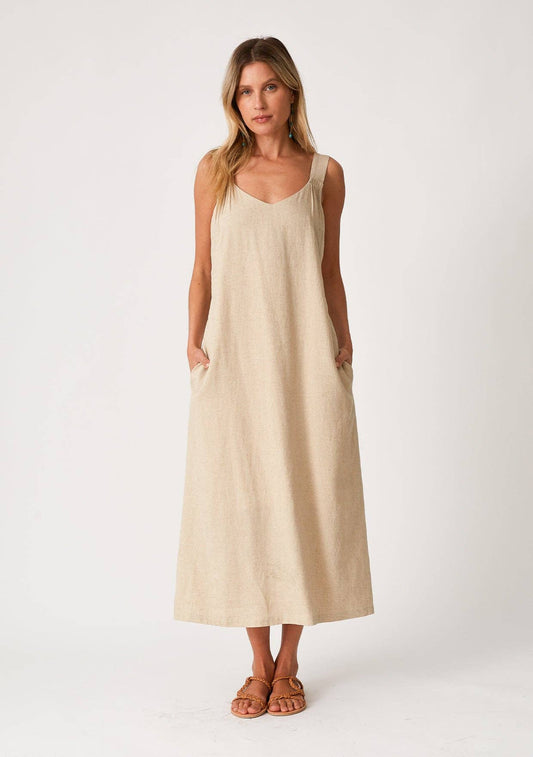 Bonnie Linen Blend Sleeveless V Neck Midi Dress