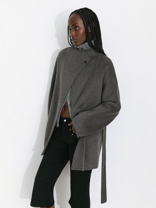 Loose-Fit Wool-Blend Stand-Collar A-Line Coat