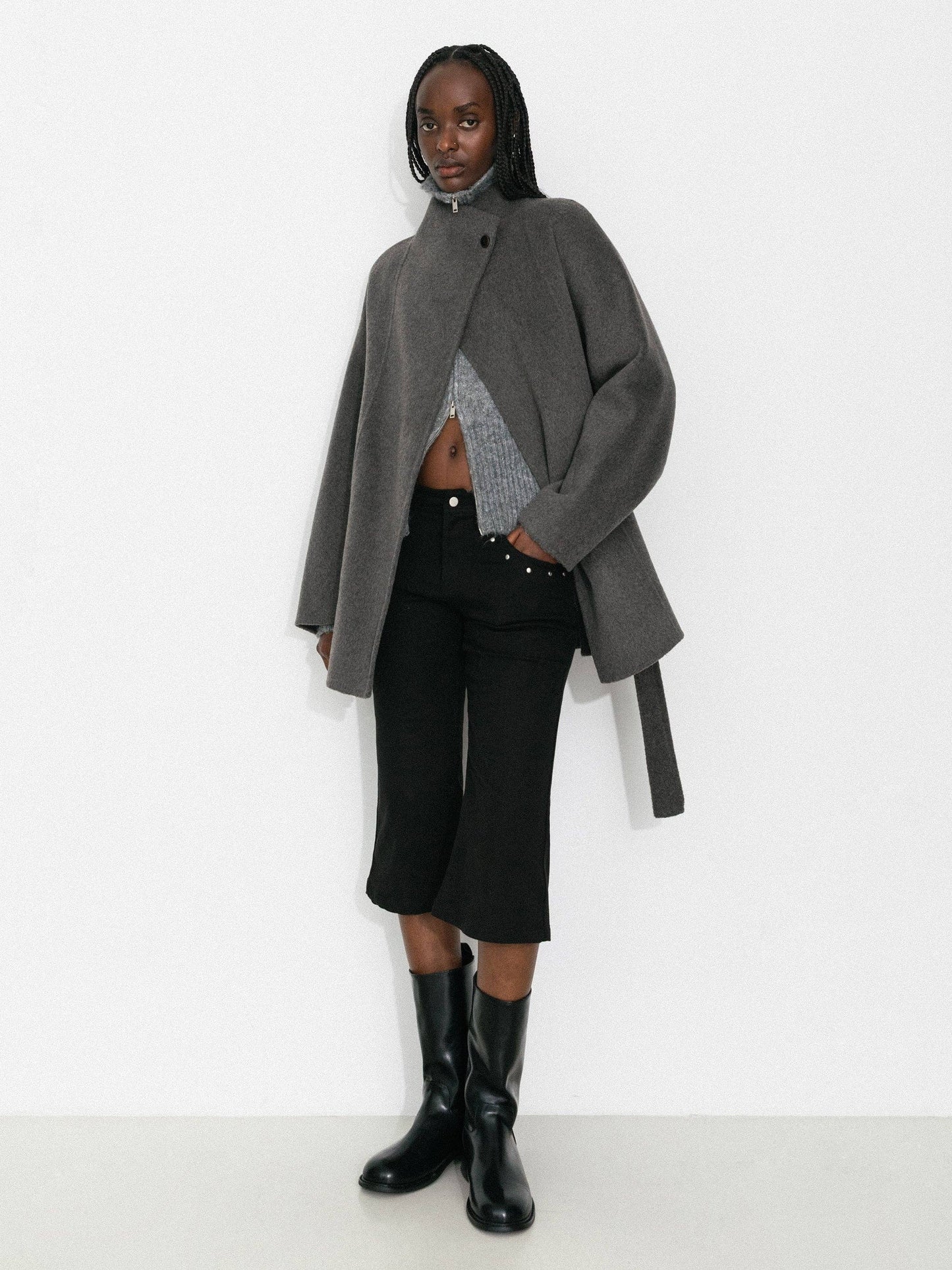 Loose-Fit Wool-Blend Stand-Collar A-Line Coat