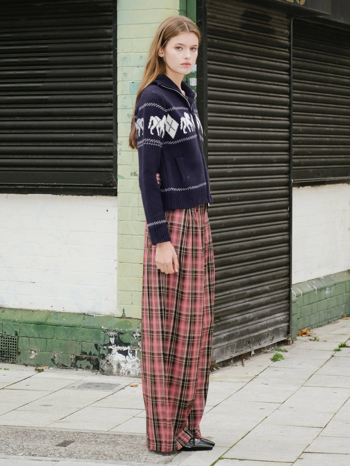 Horse Pattern Diamond Zip-Up Knit Cardigan