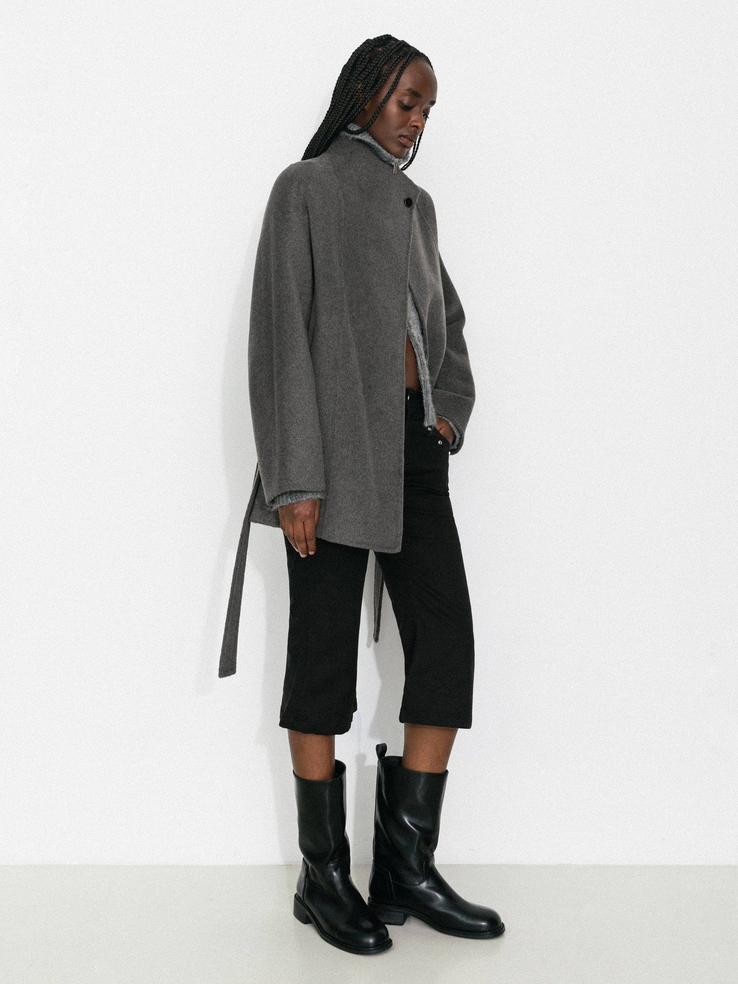 Loose-Fit Wool-Blend Stand-Collar A-Line Coat