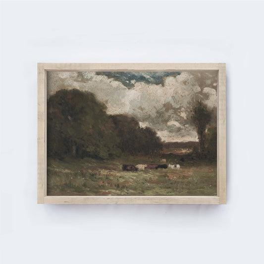 Vintage Pasture And Cows Landscape Painting