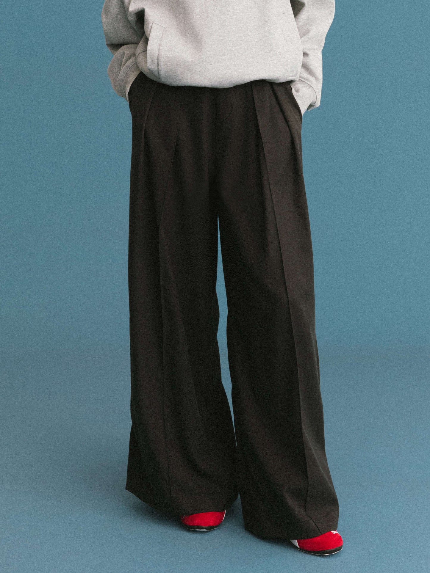 Pleated Wide Leg Wool Blend Trousers
