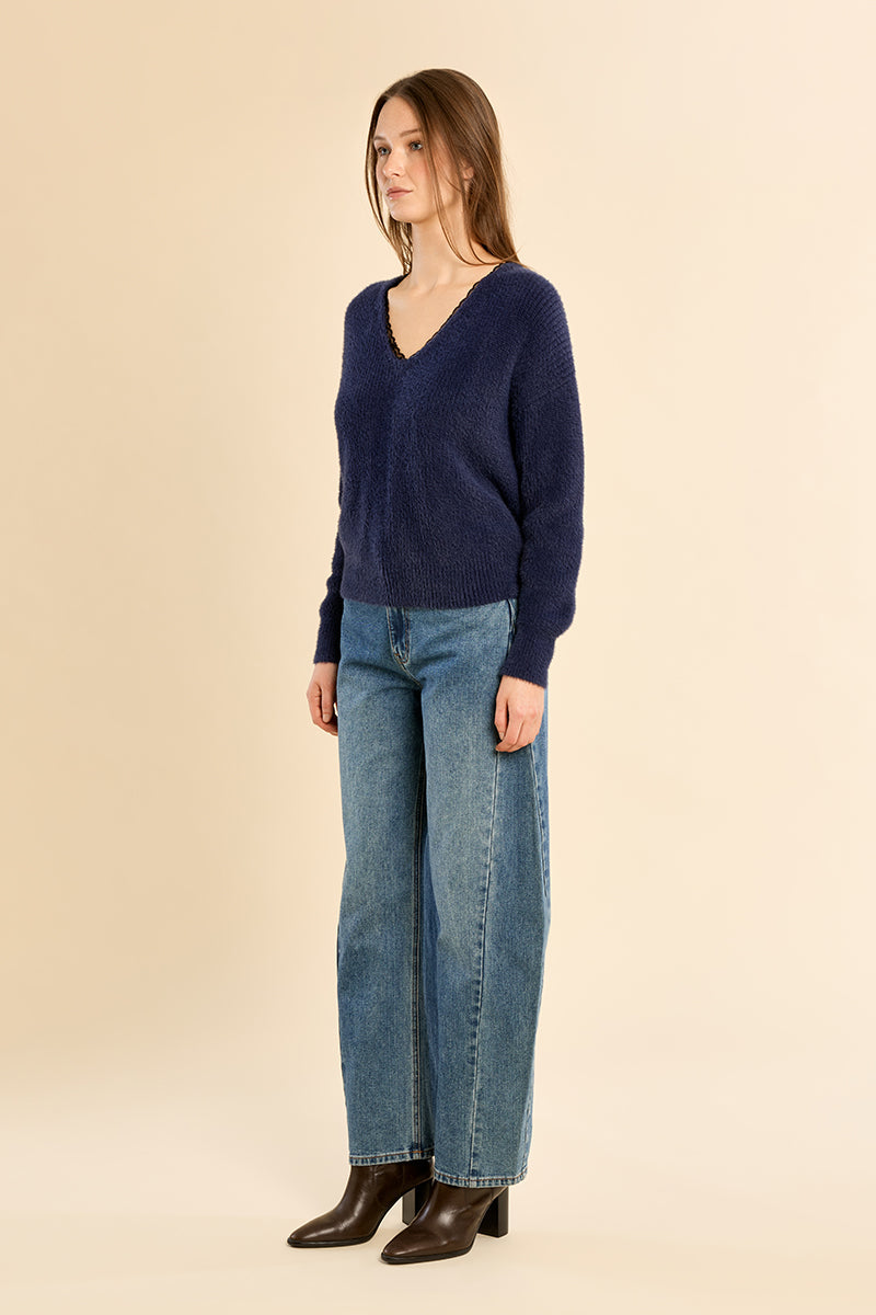 Gretchen Lace Trim V Neck Sweater