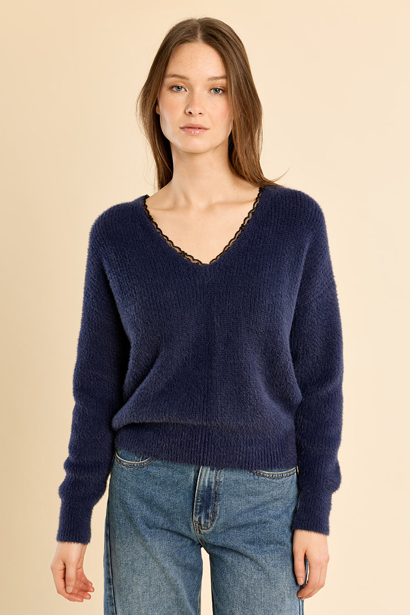 Gretchen Lace Trim V Neck Sweater