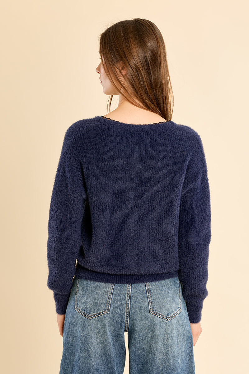 Gretchen Lace Trim V Neck Sweater