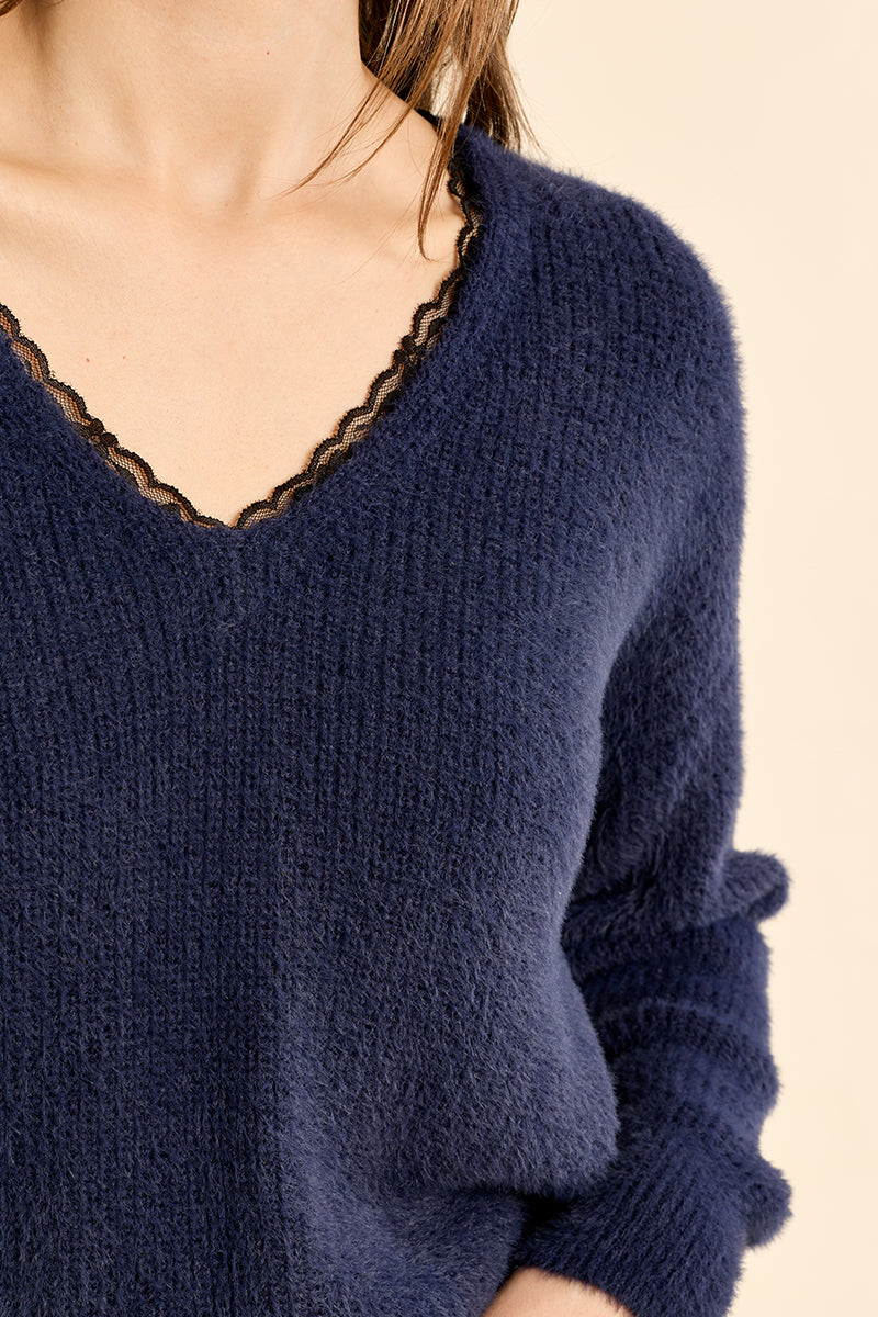Gretchen Lace Trim V Neck Sweater