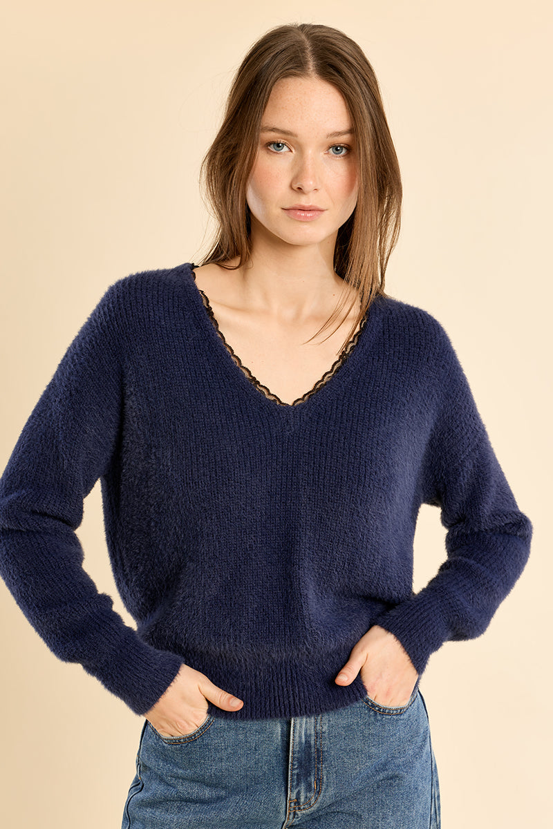 Gretchen Lace Trim V Neck Sweater